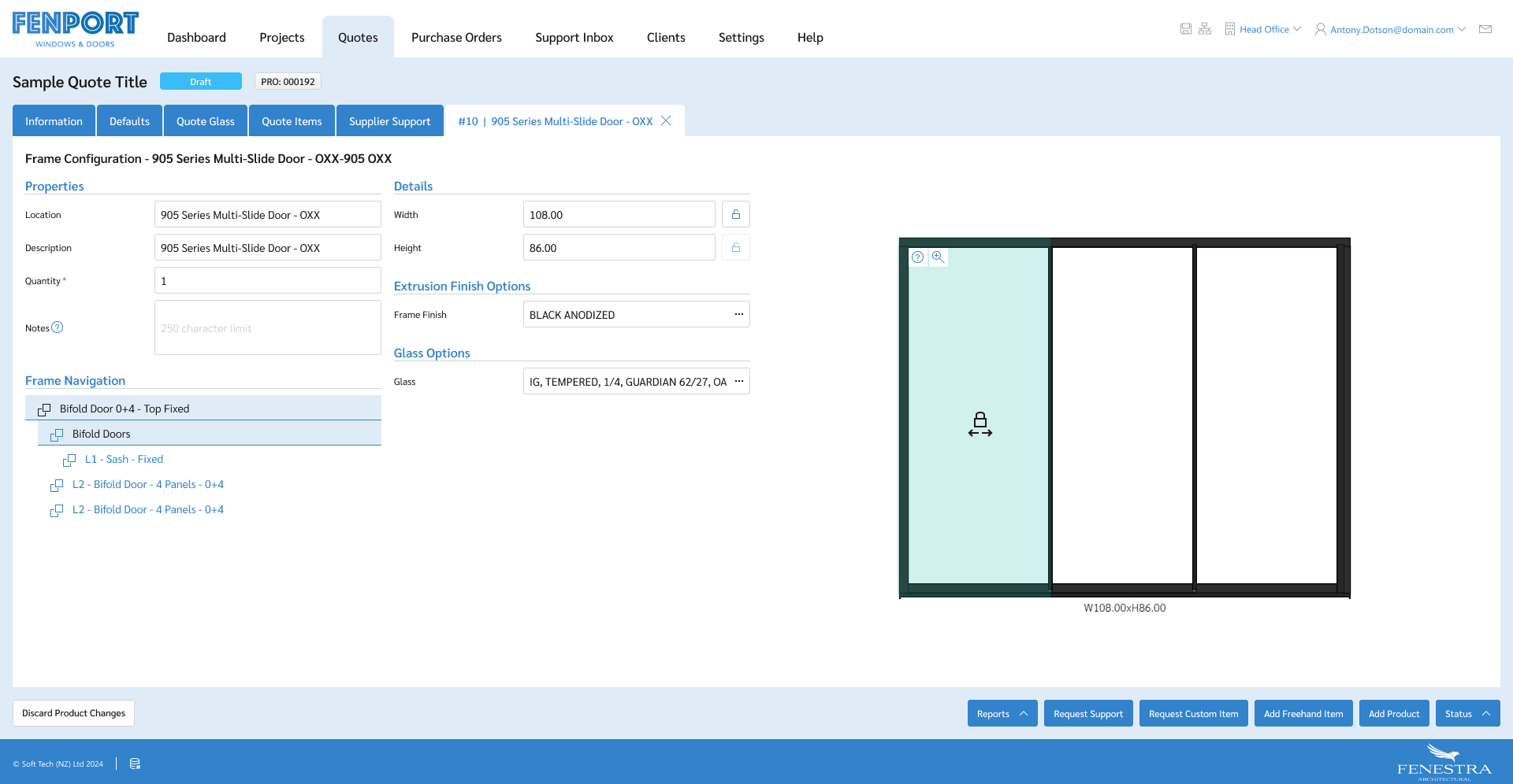 Dealer frame-configuration design with product structure, options and a technical frame drawing.