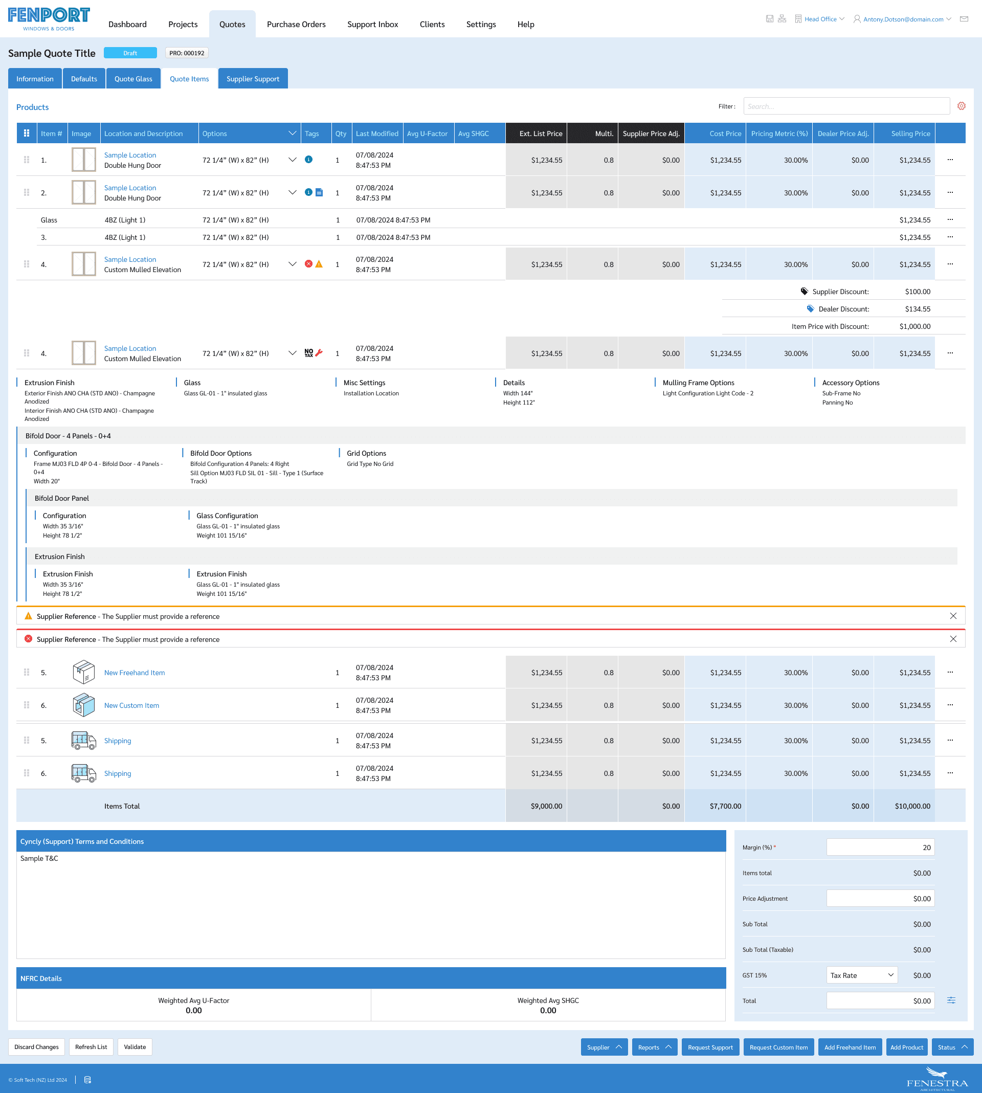 Dealer quote-item design with expandable specification groups beneath table rows.