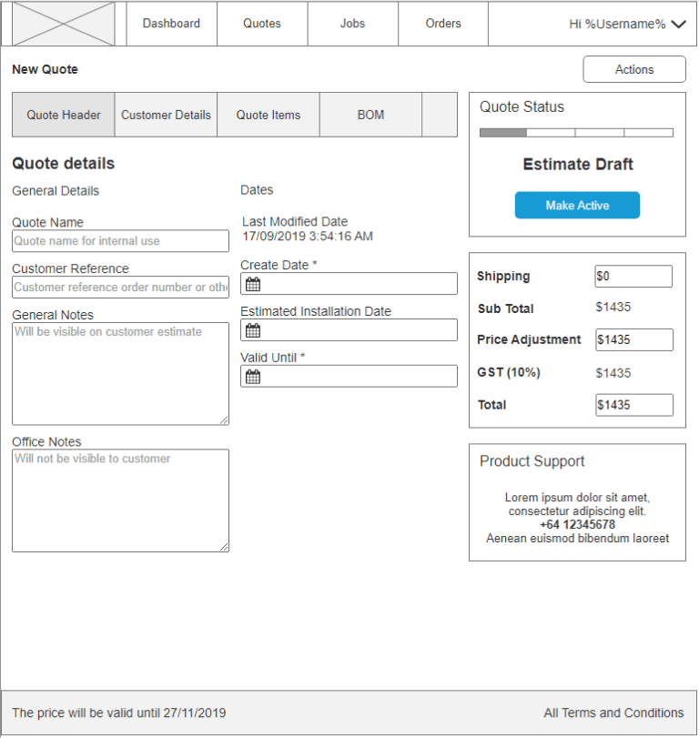 Wireframes - Quote Creation