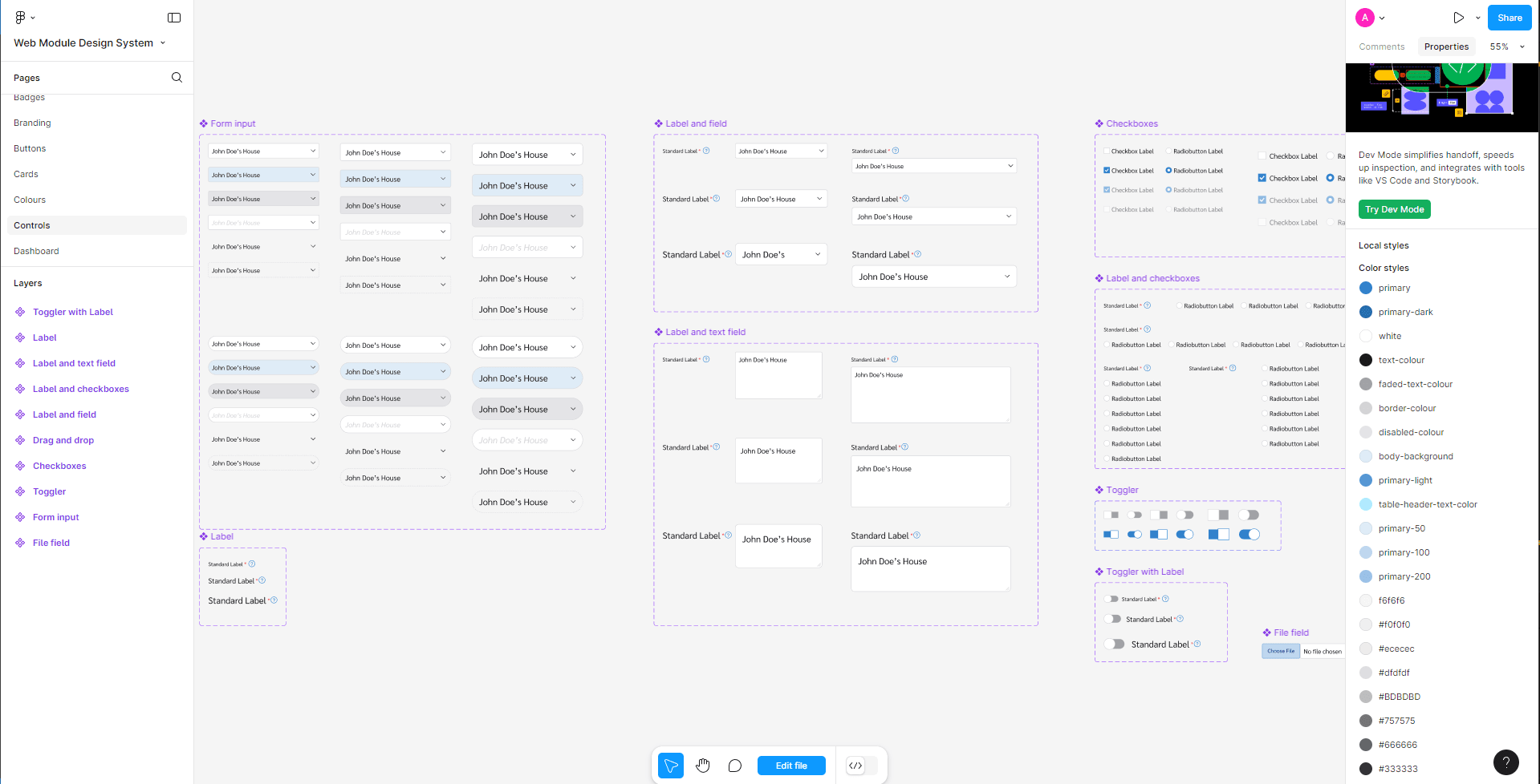 Dealer's Figma library showing form fields, selection controls, checkboxes, toggles and their states.
