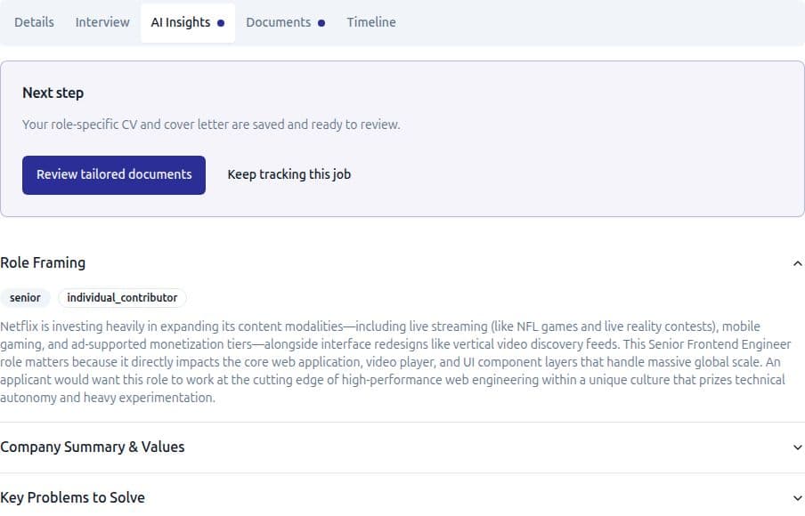 Local demo workspace crop showing AI Insights, a next step to review saved tailored documents, a route to keep tracking and an example role-framing section.
