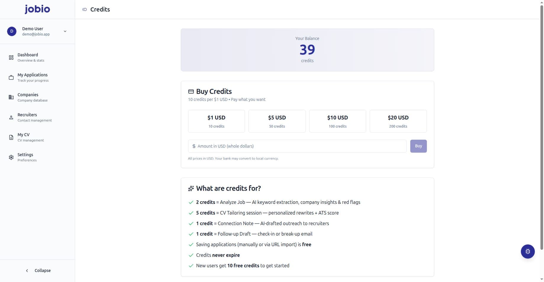 Jobio demo Credits page with balance, top-up choices and explanation of paid AI actions and free job saving.