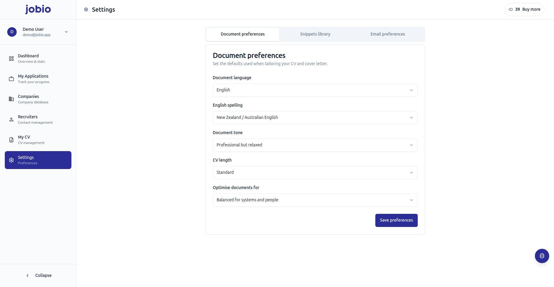 Jobio demo Settings showing document language, English spelling, tone, CV length and optimisation preferences alongside snippet and email preference tabs.
