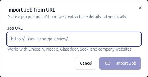 Jobio Import Job from URL dialog with an empty URL input, supported-source explanation and Cancel and Import Job controls.