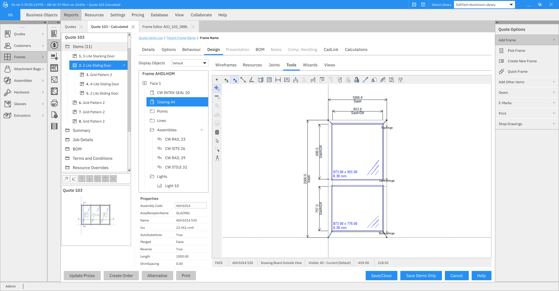 V6 frame-editor design with a compact menu, product structure, properties and a technical frame drawing.