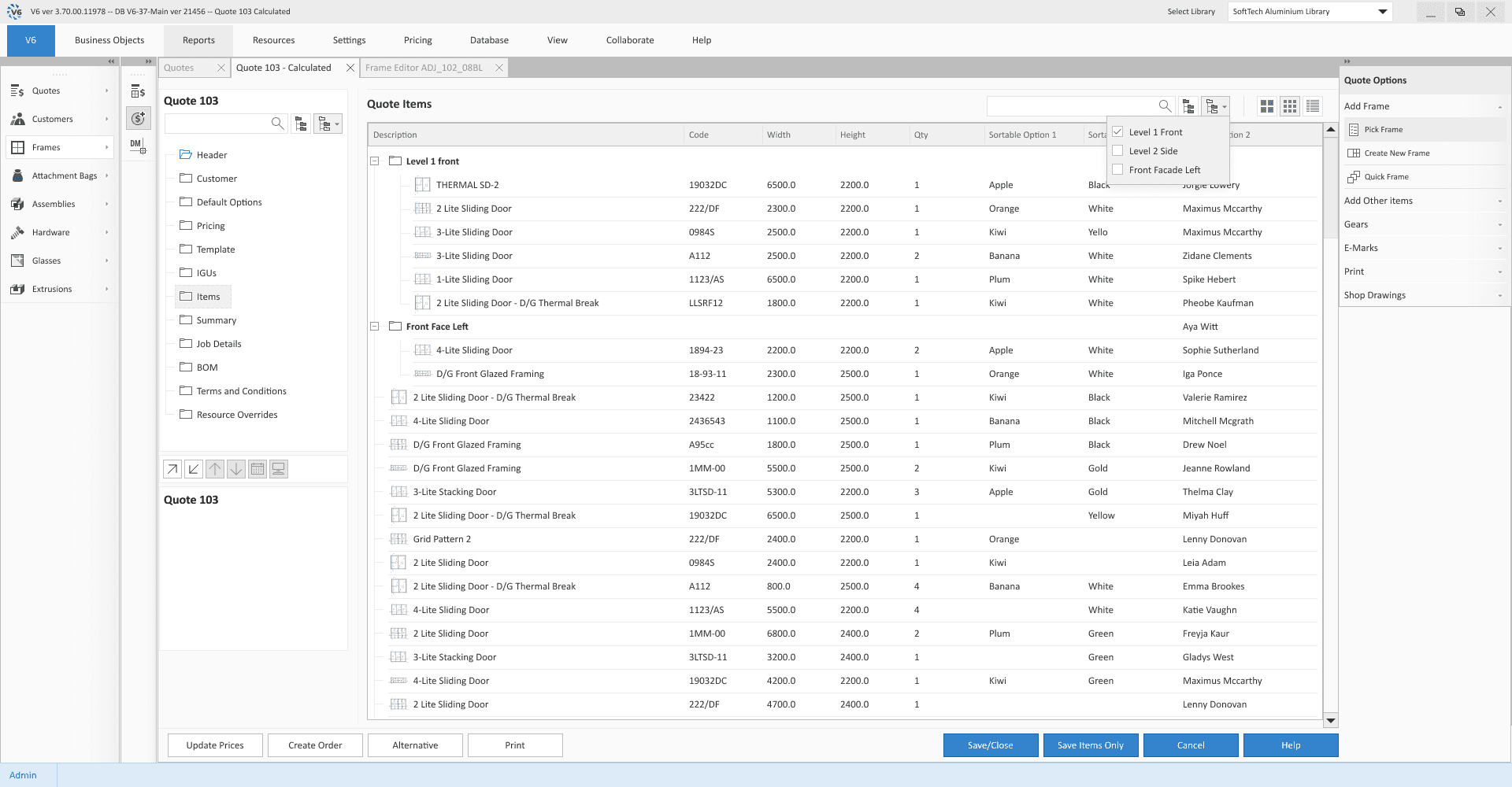 Source-labelled early V6 quote-items design with pale title and navigation regions and a dense item list.