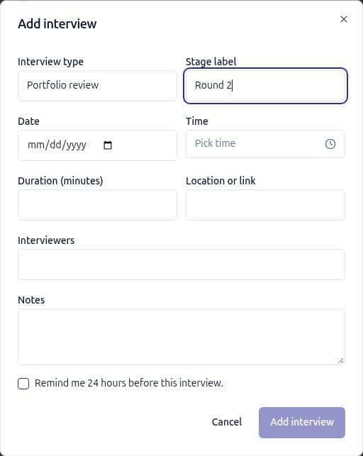 Jobio Add interview dialog with fictional Portfolio review and Round 2 values, schedule and participant fields, notes and an optional reminder checkbox.