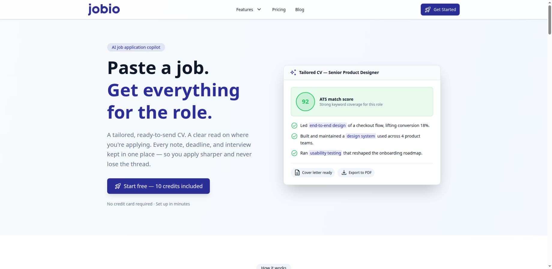 Jobio marketing homepage with preparation-led headline, explanation, start action and an illustrative application-document mockup.